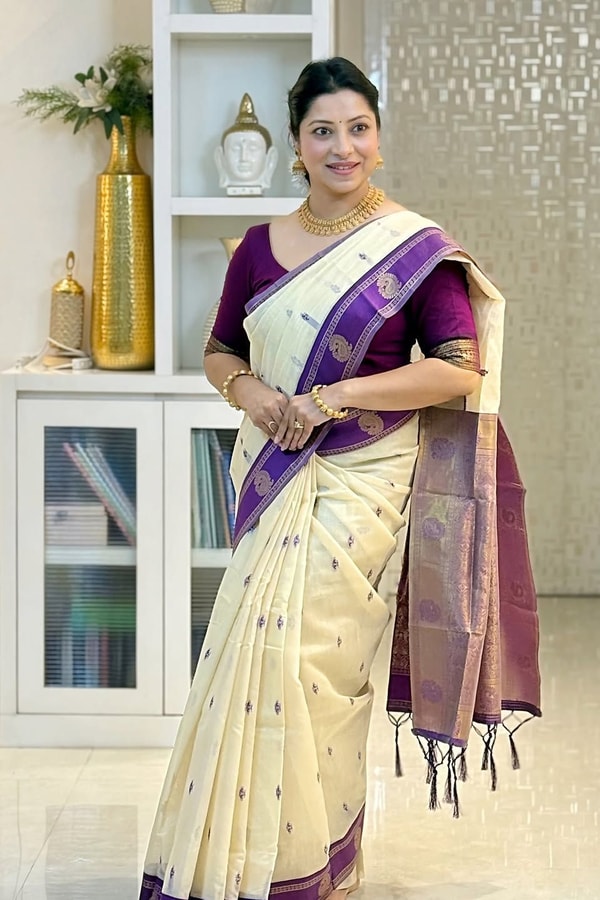 Cream Soft Cotton Saree with Purple Jacquard Border and Woven Butti Body  in Surat