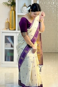 Cream Soft Cotton Saree with Purple Jacquard Border and Woven Butti Body  in Surat