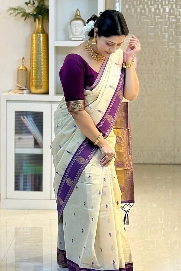 Cream Soft Cotton Saree with Purple Jacquard Border and Woven Butti Body  in Surat