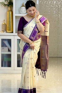 Cream Soft Cotton Saree with Purple Jacquard Border and Woven Butti Body  in Surat