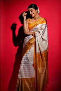 Cream Striped Banarasi Soft Silk Saree with Mustard Yellow Gold Zari Border and Pallu  in Surat