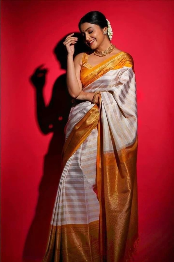 Cream Striped Banarasi Soft Silk Saree with Mustard Yellow Gold Zari Border and Pallu  in Surat