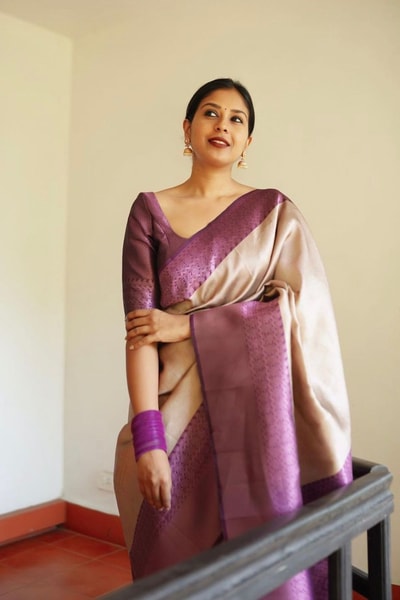 Cream and Purple Banarasi Soft Silk Saree with Pink Zari Jacquard Motifs and Purple Border in Surat