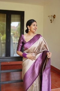 Cream and Purple Banarasi Soft Silk Saree with Pink Zari Jacquard Motifs and Purple Border  in Surat