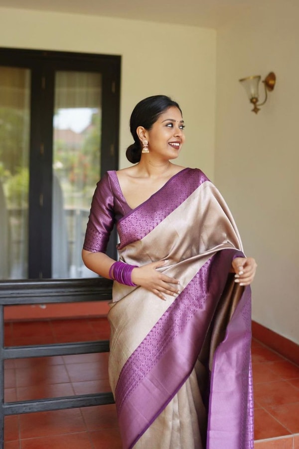 Cream and Purple Banarasi Soft Silk Saree with Pink Zari Jacquard Motifs and Purple Border  in Surat