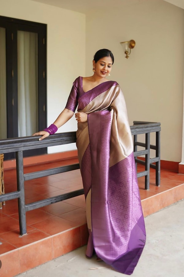 Cream and Purple Banarasi Soft Silk Saree with Pink Zari Jacquard Motifs and Purple Border  in Surat