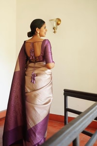 Cream and Purple Banarasi Soft Silk Saree with Pink Zari Jacquard Motifs and Purple Border  in Surat