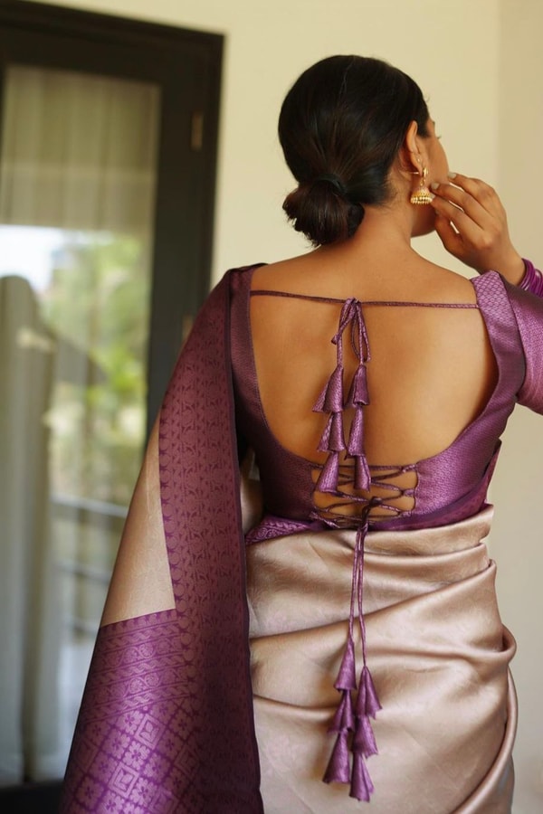 Cream and Purple Banarasi Soft Silk Saree with Pink Zari Jacquard Motifs and Purple Border  in Surat