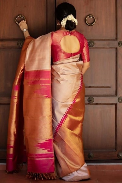 Cream and Rani Pink Soft Lichi Silk Saree with Zari Temple Border and Contrast Pallu in Surat