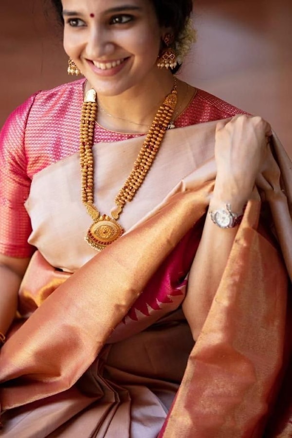 Cream and Rani Pink Soft Lichi Silk Saree with Zari Temple Border and Contrast Pallu  in Surat