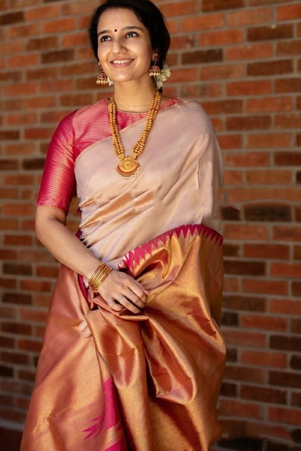 Cream and Rani Pink Soft Lichi Silk Saree with Zari Temple Border and Contrast Pallu  in Surat