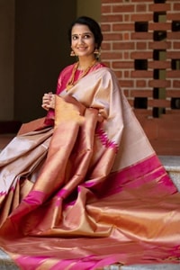 Cream and Rani Pink Soft Lichi Silk Saree with Zari Temple Border and Contrast Pallu  in Surat