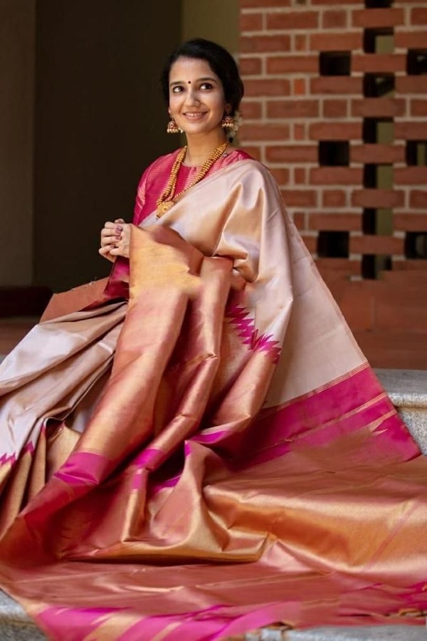 Cream and Rani Pink Soft Lichi Silk Saree with Zari Temple Border and Contrast Pallu  in Surat