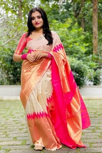 Cream and Rani Pink Soft Lichi Silk Saree with Zari Temple Border and Contrast Pallu  in Surat