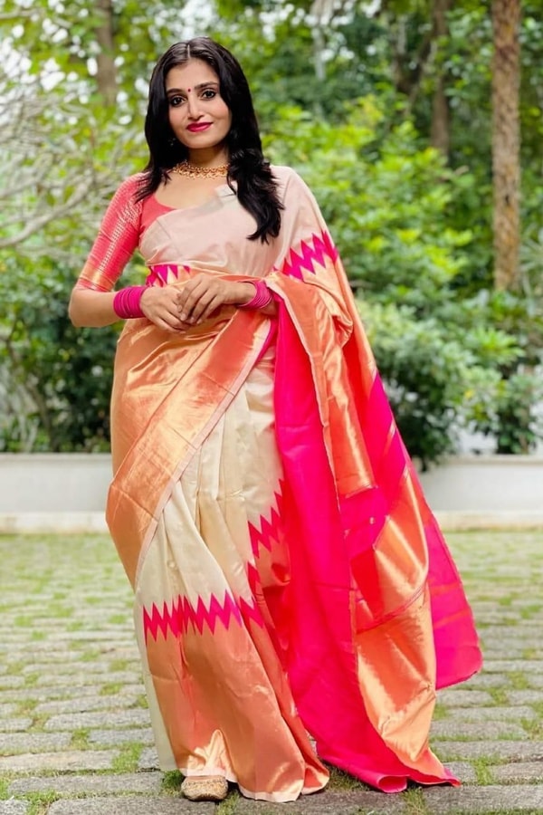 Cream and Rani Pink Soft Lichi Silk Saree with Zari Temple Border and Contrast Pallu  in Surat