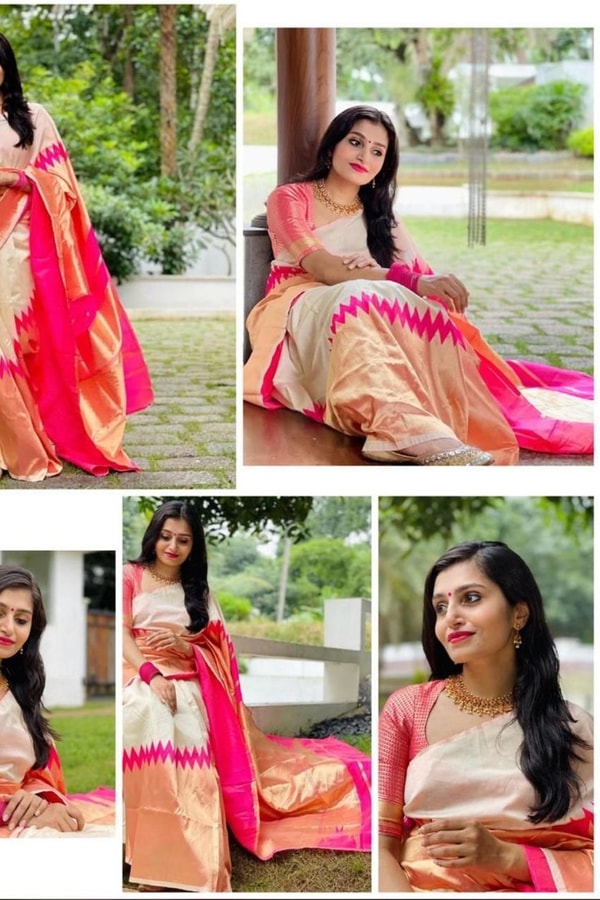 Cream and Rani Pink Soft Lichi Silk Saree with Zari Temple Border and Contrast Pallu  in Surat