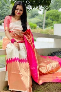 Cream and Rani Pink Soft Lichi Silk Saree with Zari Temple Border and Contrast Pallu  in Surat