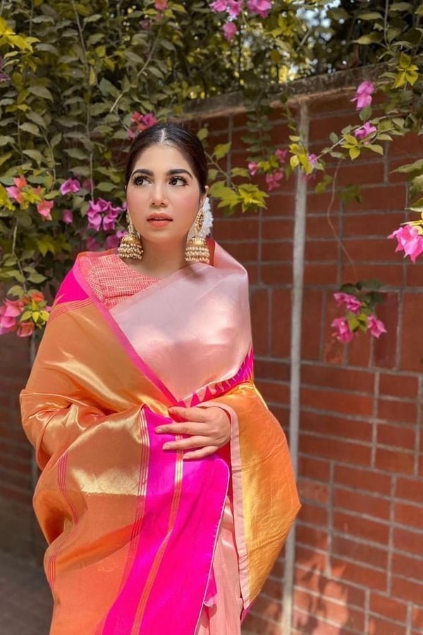 Cream and Rani Pink Soft Lichi Silk Saree with Zari Temple Border and Contrast Pallu  in Surat