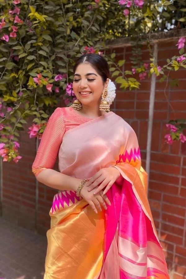 Cream and Rani Pink Soft Lichi Silk Saree with Zari Temple Border and Contrast Pallu  in Surat