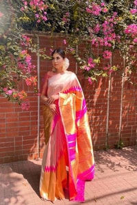 Cream and Rani Pink Soft Lichi Silk Saree with Zari Temple Border and Contrast Pallu  in Surat