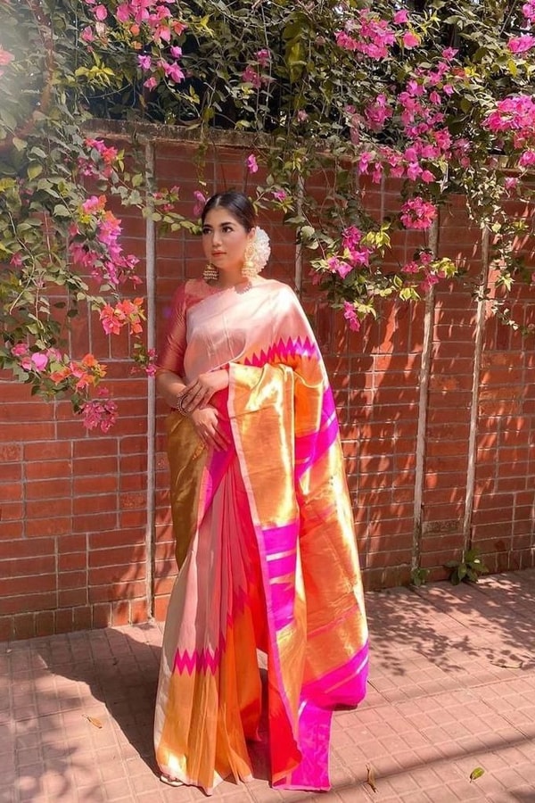 Cream and Rani Pink Soft Lichi Silk Saree with Zari Temple Border and Contrast Pallu  in Surat