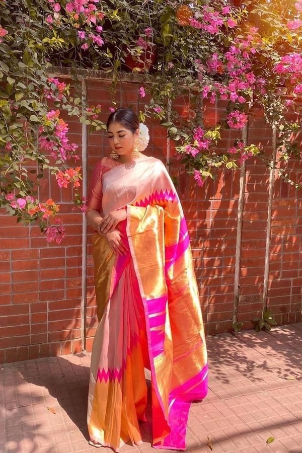 Cream and Rani Pink Soft Lichi Silk Saree with Zari Temple Border and Contrast Pallu  in Surat