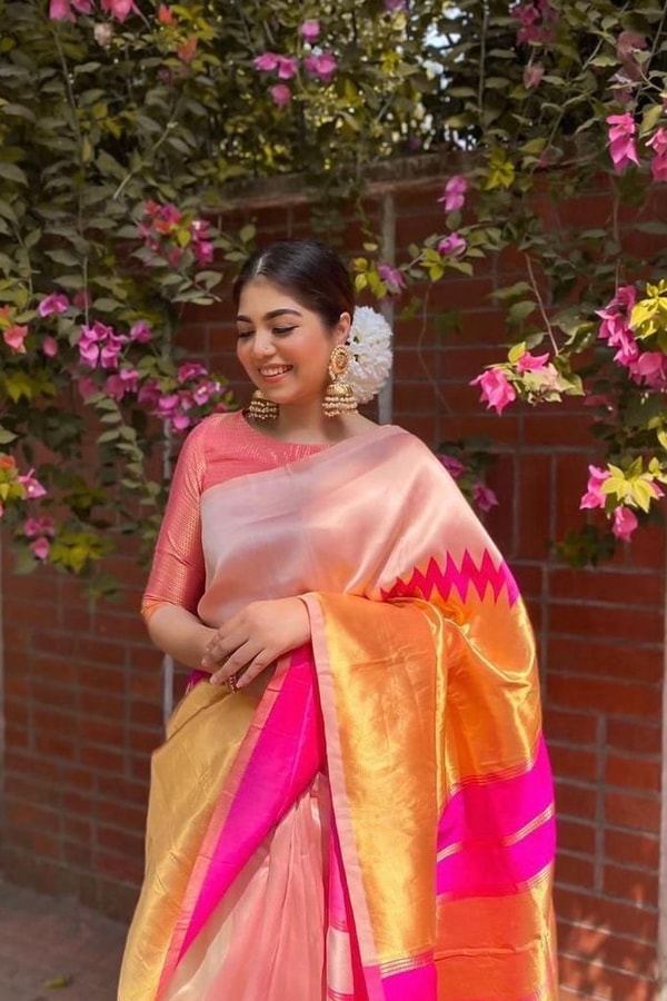 Cream and Rani Pink Soft Lichi Silk Saree with Zari Temple Border and Contrast Pallu  in Surat