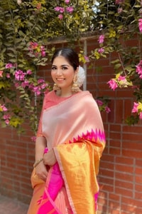Cream and Rani Pink Soft Lichi Silk Saree with Zari Temple Border and Contrast Pallu  in Surat