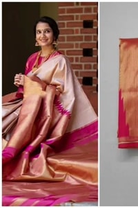 Cream and Rani Pink Soft Lichi Silk Saree with Zari Temple Border and Contrast Pallu  in Surat video 1