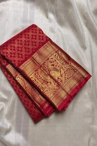 Crimson Red Jacquard Banarasi Soft Silk Saree with Peacock Zari Border and Gold Pallu  in Surat