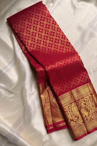 Crimson Red Jacquard Banarasi Soft Silk Saree with Peacock Zari Border and Gold Pallu  in Surat