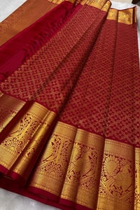 Crimson Red Jacquard Banarasi Soft Silk Saree with Peacock Zari Border and Gold Pallu  in Surat