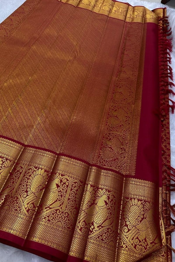 Crimson Red Jacquard Banarasi Soft Silk Saree with Peacock Zari Border and Gold Pallu  in Surat