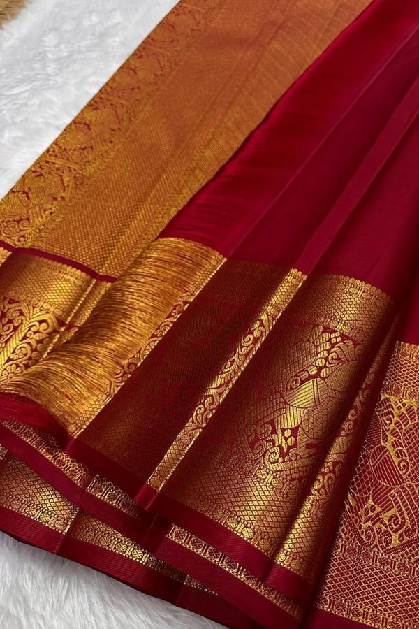 Crimson Red Jacquard Banarasi Soft Silk Saree with Peacock Zari Border and Gold Pallu  in Surat