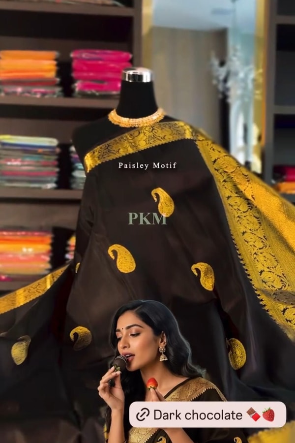 Dark Chocolate Banarasi Soft Silk Saree with Gold Paisley Buttis and Mustard Gold Pallu  in Surat