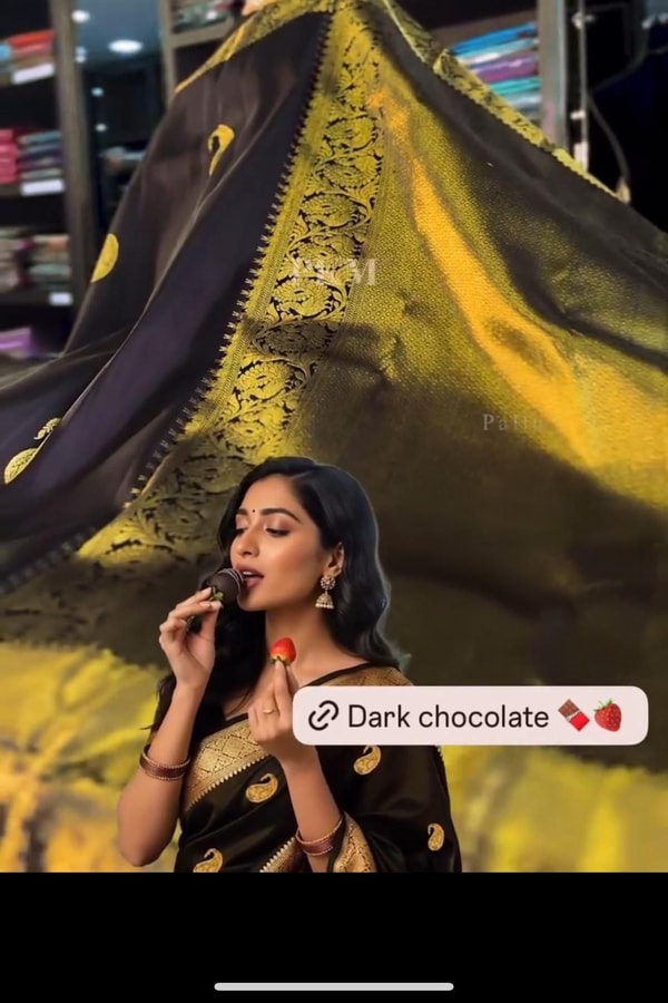 Dark Chocolate Banarasi Soft Silk Saree with Gold Paisley Buttis and Mustard Gold Pallu  in Surat