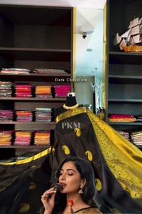 Dark Chocolate Banarasi Soft Silk Saree with Gold Paisley Buttis and Mustard Gold Pallu  in Surat video 1