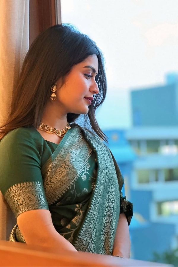 Dark Green Banarasi Soft Silk Saree with All-Over Silver Zari Floral Jaal  in Surat