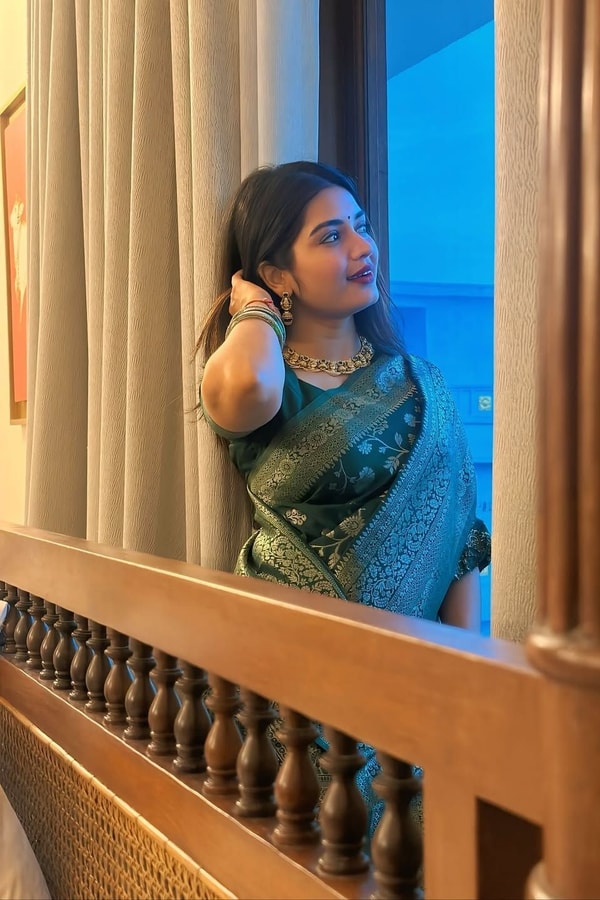 Dark Green Banarasi Soft Silk Saree with All-Over Silver Zari Floral Jaal  in Surat
