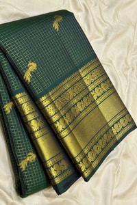 Dark Green Banarasi Soft Silk Saree with Textured Body, Small Zari Buttas and Checked Border  in Surat