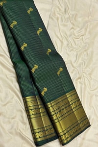 Dark Green Banarasi Soft Silk Saree with Textured Body, Small Zari Buttas and Checked Border  in Surat