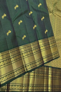 Dark Green Banarasi Soft Silk Saree with Textured Body, Small Zari Buttas and Checked Border  in Surat