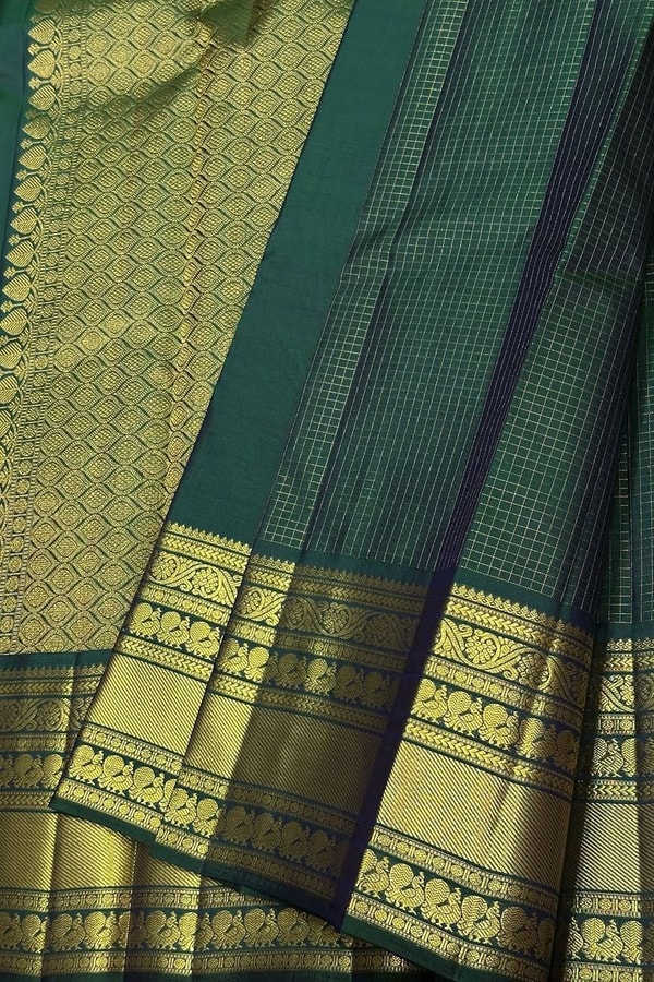Dark Green Banarasi Soft Silk Saree with Textured Body, Small Zari Buttas and Checked Border  in Surat