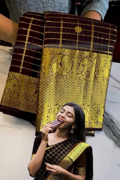 Dark Maroon Banarasi Soft Silk Saree with Fine Zari Checks and Lemon Gold Pallu in Surat