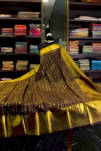 Dark Maroon Banarasi Soft Silk Saree with Fine Zari Checks and Lemon Gold Pallu  in Surat