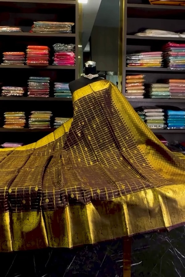 Dark Maroon Banarasi Soft Silk Saree with Fine Zari Checks and Lemon Gold Pallu  in Surat