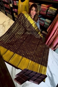 Dark Maroon Banarasi Soft Silk Saree with Fine Zari Checks and Lemon Gold Pallu  in Surat