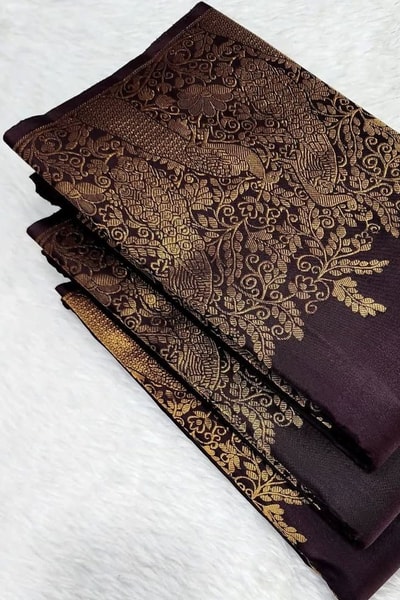 Dark Wine Banarasi Soft Silk Saree with Gold Leaf Buttas and Large Paisley Zari Border in Surat