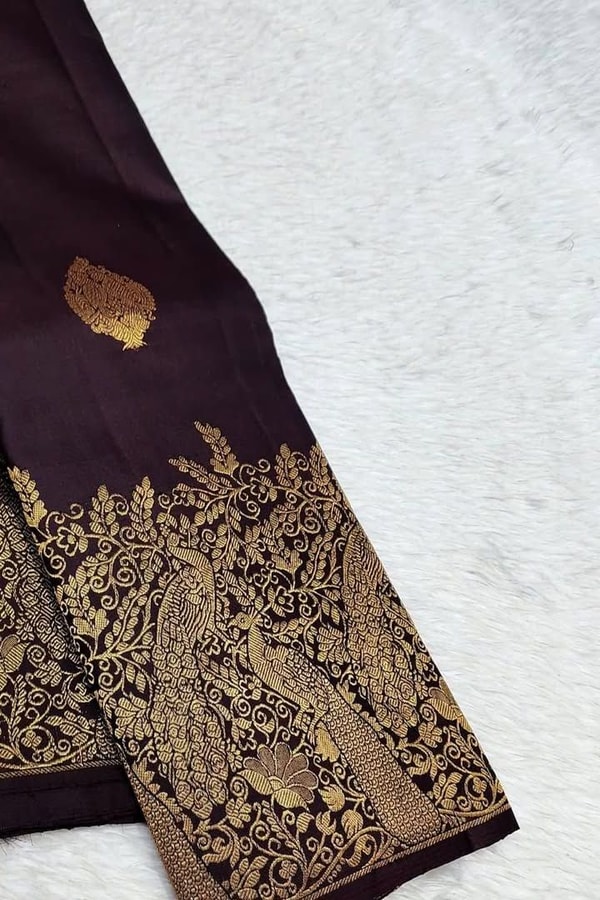 Dark Wine Banarasi Soft Silk Saree with Gold Leaf Buttas and Large Paisley Zari Border  in Surat