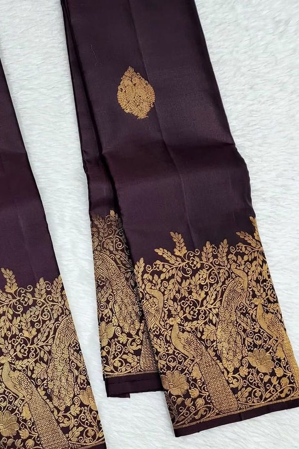 Dark Wine Banarasi Soft Silk Saree with Gold Leaf Buttas and Large Paisley Zari Border  in Surat